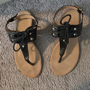 Black and Tan Studded T-Strap Sandals